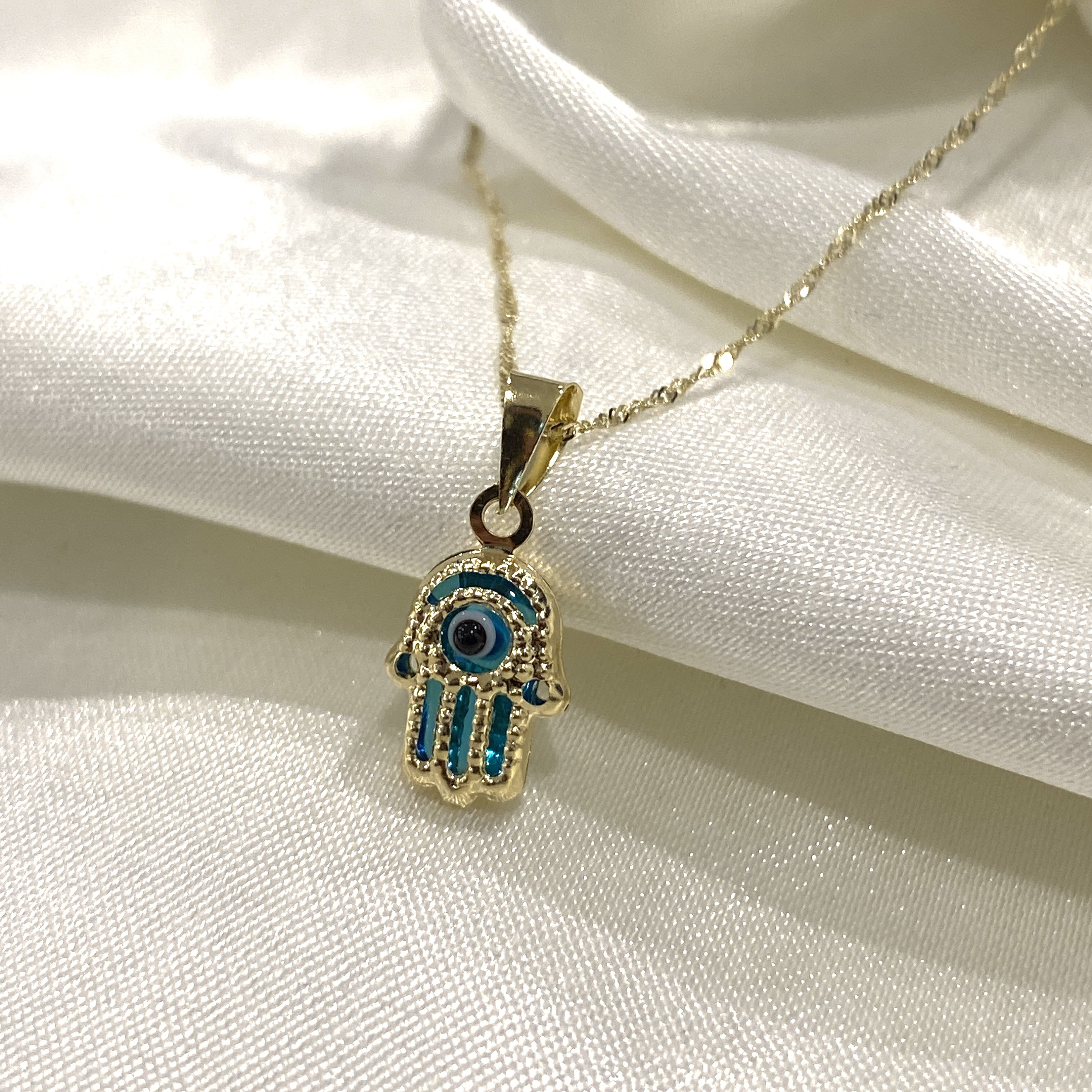 14K Real Yellow Gold Hand Evil Eye Hamsa Charm Pendant with 0.9mm Singapore Chain Necklace, Protection Good Luck Charm for her/him