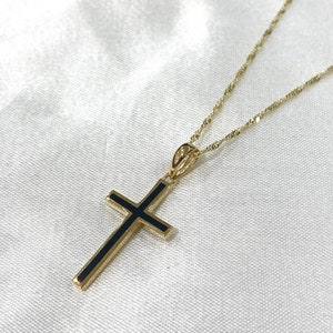 Real 14K Gold Black Enamel Cross Charm Pendant with Singapore Chain Necklace, Minimalist Dainty Religious Charm, Gift ideas for him/her