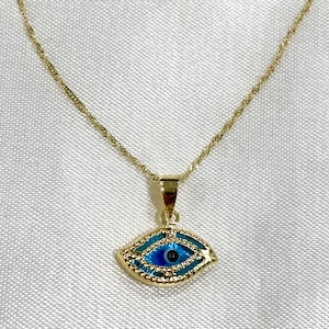 Real 14K Yellow Gold Saves Protecting Blue Good Luck Evil Eye Charm Pendant with 0.9mm Singapore Chain Necklace