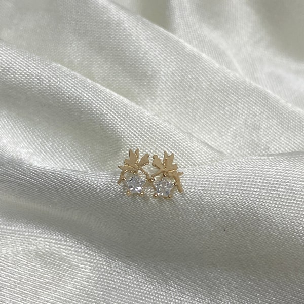 14K Yellow Gold Star Cut CZ Cute Tiny Tinker Bell Stud Earrings Cute Studs, Tiny Earrings, Sparkling, Disney Inspired Gold Fairy Accessories