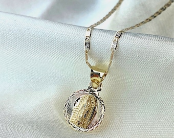 14K Tri Color Gold Our Lady of Guadalupe Necklace, Religious Guadalupe Stamp Charm Pendant with 1.5mm Valentino Chain, Virgin Mary Necklace