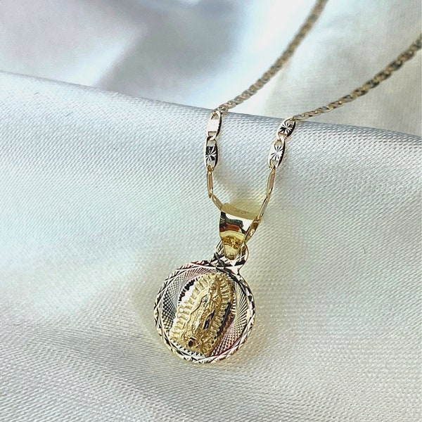 14K Tri Color Gold Our Lady of Guadalupe Necklace, Religious Guadalupe Stamp Charm Pendant with 1.5mm Valentino Chain, Virgin Mary Necklace