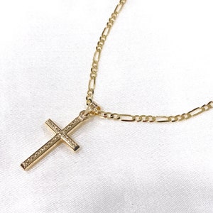 14K Yellow Gold Religious Classic Cross Charm Pendant with 2.3mm Figaro 3+1 Chain Necklace Faith Hope Unisex Necklace for Men Women