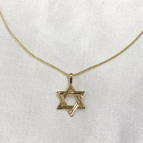 14k Real Yellow Gold Star of David Lucky Charm Pendant with 0.9mm Wheat Chain Necklace, Religious Jewish Charm Necklace