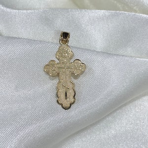 Real 14K Yellow Gold IC XC Saint Olga Greek Eastern Orthodox Baptism Religious Cross Charm Pendant for Necklace