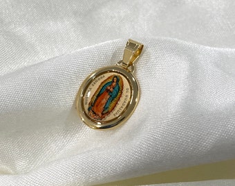 14k Real Yellow Gold Religious Enamel Our Lady of Guadalupe Pendant for Necklace Chain, Virgin Mary Necklace for Women/Men, Everyday Jewelry