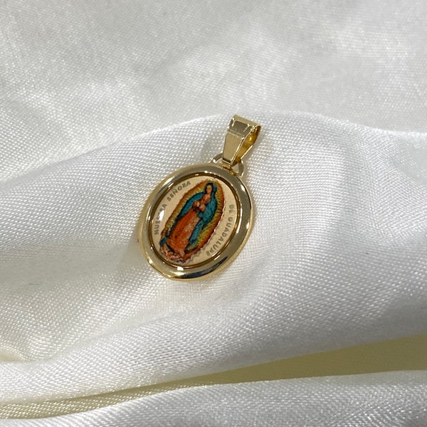 Pendentif Notre-Dame de Guadalupe en or jaune véritable 14 carats pour chaîne de collier, collier Vierge Marie pour femmes/hommes, bijoux de tous les jours