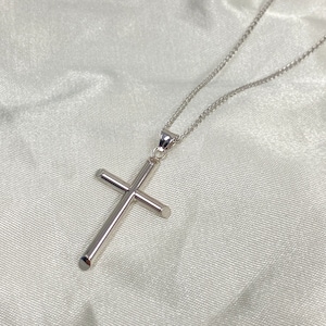 14k White Gold Classic Cross Pendant with 1.5mm Flat Open Wheat Chain, Religious Necklace, Christian Jewelry, Faith Gift for men and women