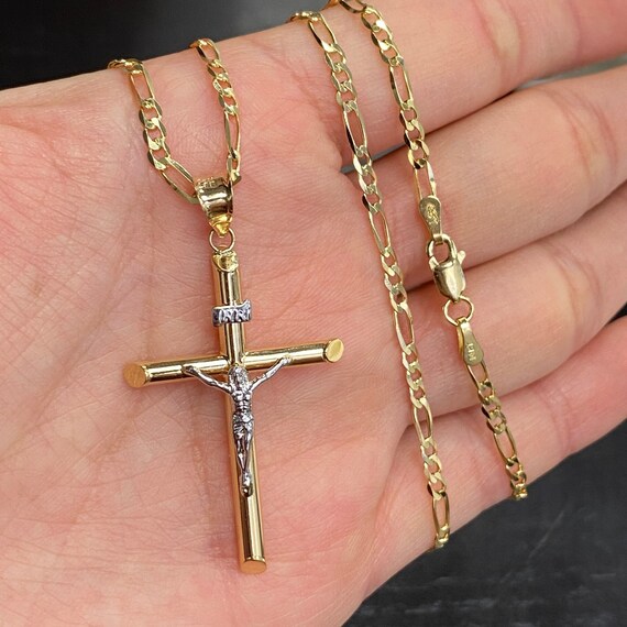 Religious 14k Two Tone Real Gold Jesus Cross Pendant Charm Figaro chain Religious 14k Two Tone Real Gold Jesus Cross Pendant Charm Figaro chain