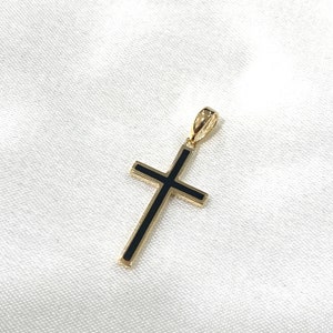 14K Yellow Gold Religious Cross with Black Enamel Charm Pendant