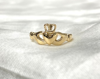 14K Solid Yellow Gold Irish Claddagh Heart Ring, Dainty Heart Vintage Statement Ring, perfect gift for her/women/teen/girls
