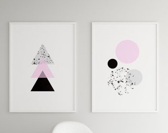 Pink Black Geometric Print - Set of 2 Abstract Wall Art Printable, Modern Girl Room Art, Pink Geometric Print, Cute Wall Art, Triangle Print