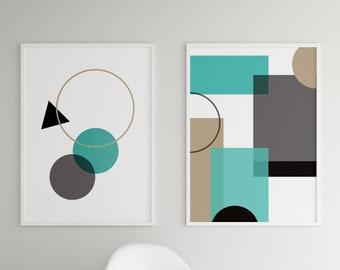 Abstract Geometric Art Print - Set of 2 Abstract Printable, Modern Geometric Wall Art, Mid-Century Turquoise Beige Gray Black Home Decor