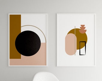 Neutral Pink Abstract Geometric Print - Set of 2 Abstract Wall Art Printable, Modern Geometric Boho Wall Art, Pink Bronze Black Wall Decor