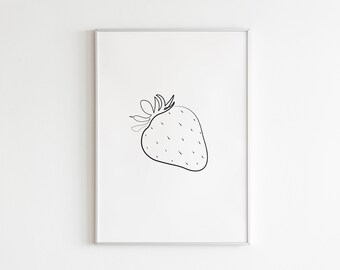 Strawberry Wall Art - Line Art Fruit Print, Abstract Strawberry Art, Kitchen Wall Decor, Minimalist Strawberry Art Printable, Abstract Fruit
