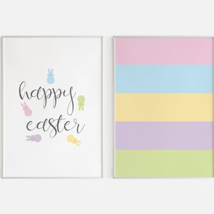 Happy Easter Printable Wall Art - Ensemble de 2 impressions de Pâques, décor mural de Pâques pastel, impression numérique Peeps, art mural de printemps, impression de lapin de Pâques