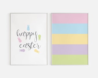 Happy Easter Printable Wall Art - Set of 2 Easter Print, Pastel Easter Wall Decor, Digital Peeps Print, Spring Wall Art, Easter Bunny Print