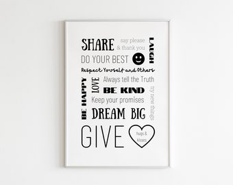 Family Rules Printable - Positive Kids Playroom Rules Poster, Printable Wall Art, Positive Quotes, House Rules Print, Black White Home Decor
