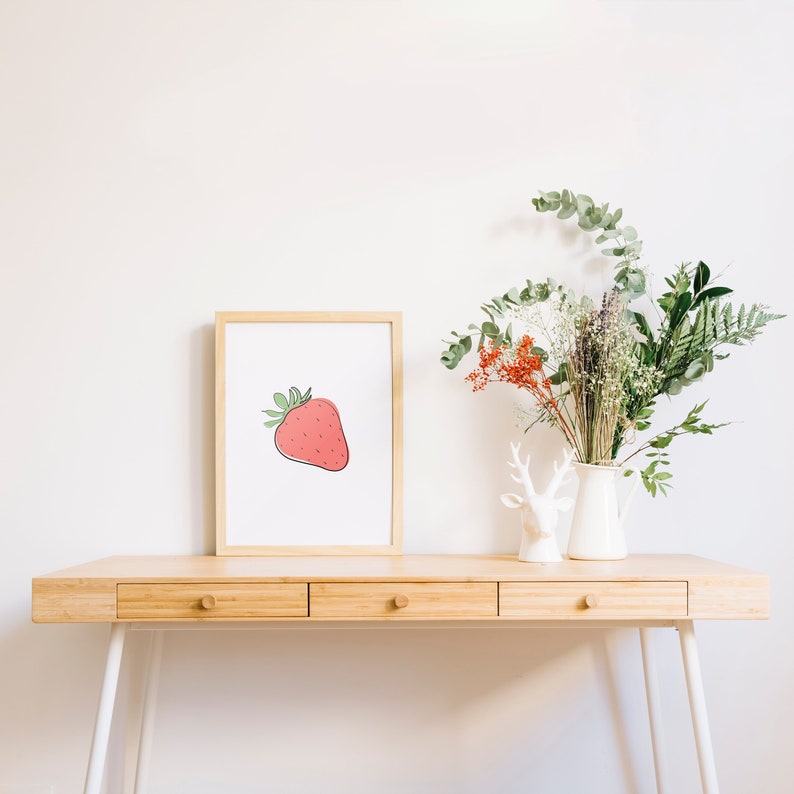 Stampa astratta alla fragola Strawberry Wall Art, decorazione murale stampabile, arte della parete della frutta, fragola minimalista, arte del vivaio della fragola rossa immagine 3