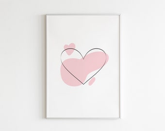 Pink Heart Print - Digital Download, Minimalist Wall Art Print, Abstract Heart Wall Decor, Line Art Printable, Valentines Day Wall Art
