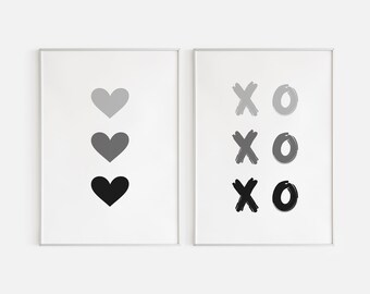 Black Hearts Printable Wall Art - Set of 2 Valentines Day Wall Art, X and O Print, Black Heart Wall Decor, Monochrome Nursery Wall Art Print