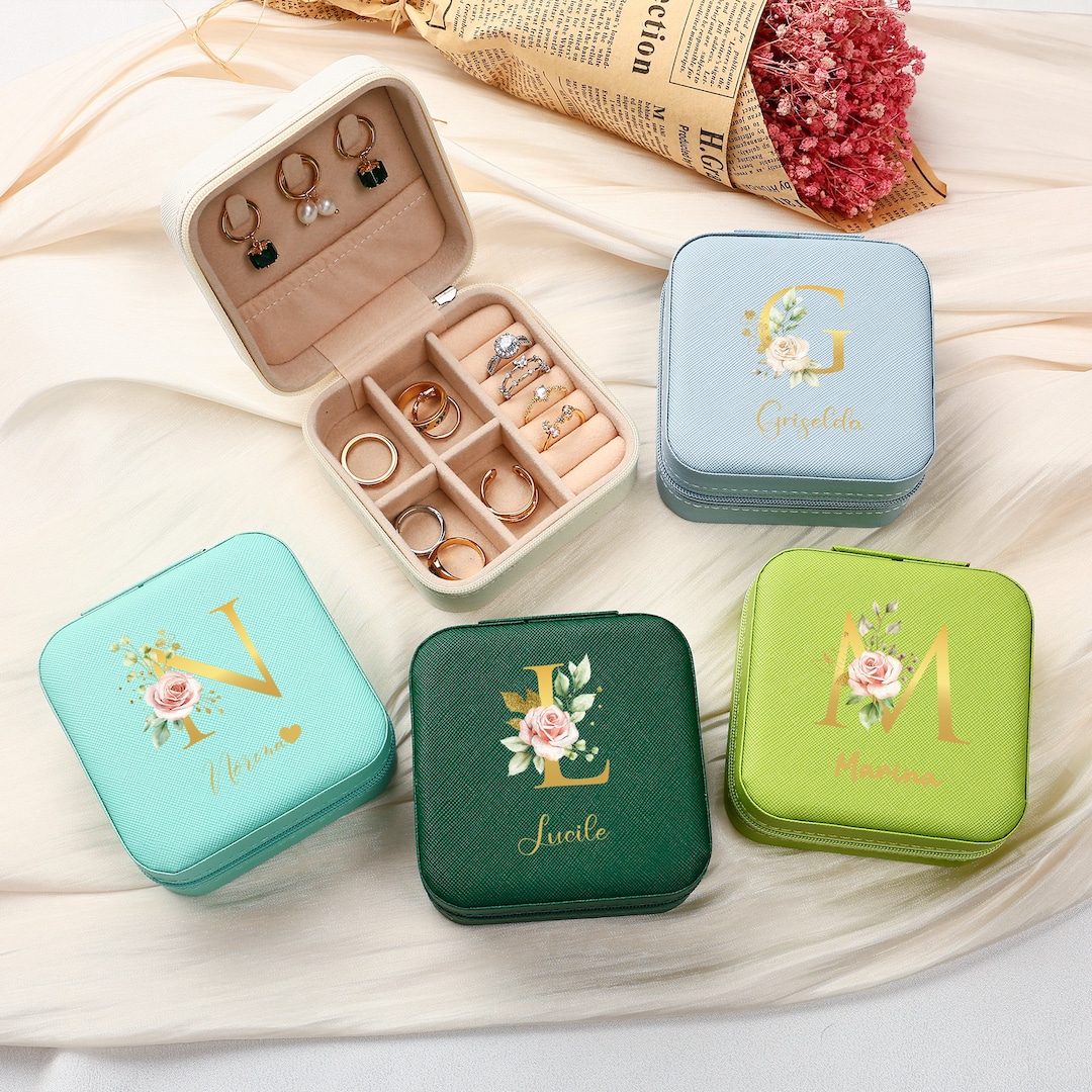 Custom Leather Jewelry Box,initial Floral Jewelry Travel Case