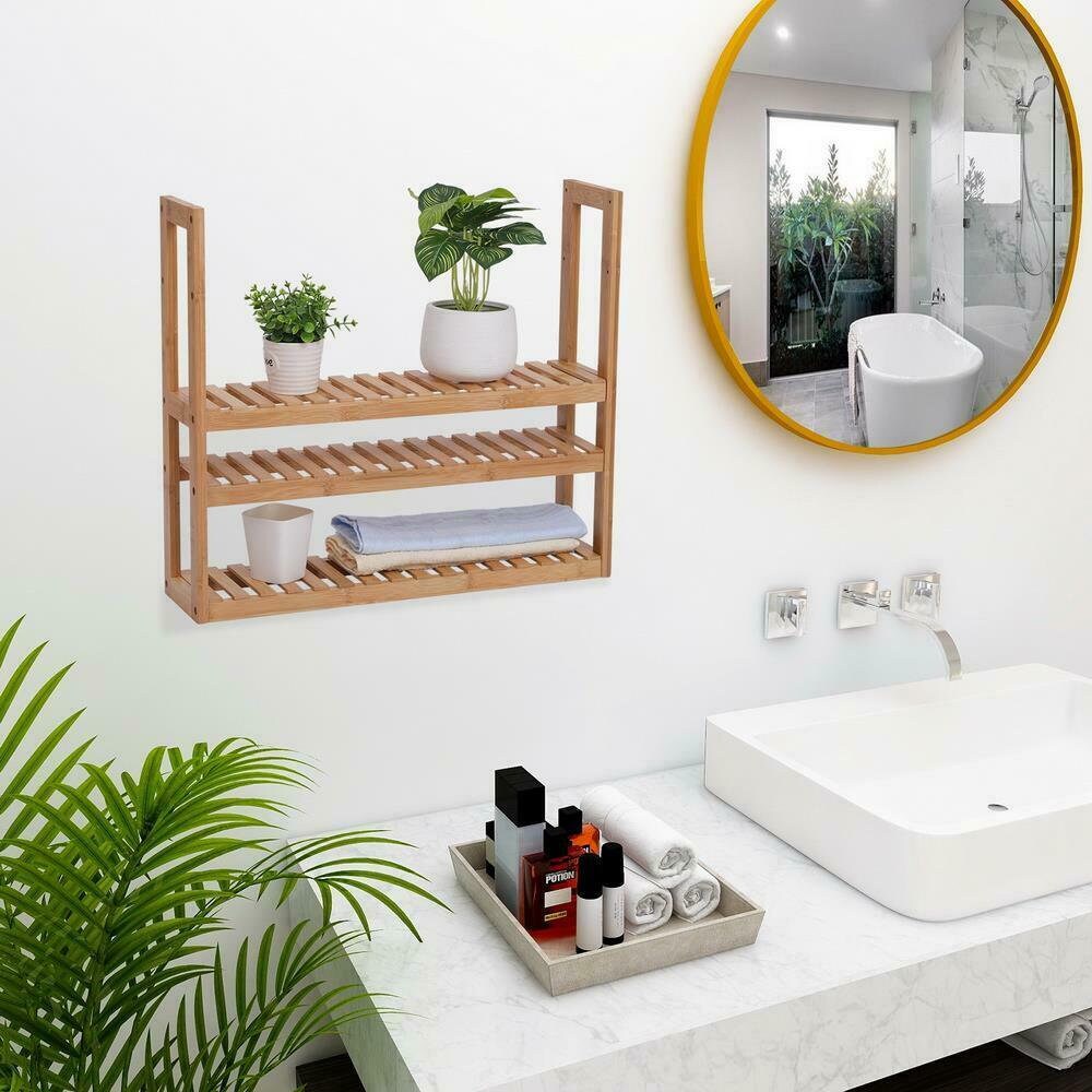 3 Tier Bamboo Bathroom Kitchen Wall Mounted Shelf Storage Rack Etsy
