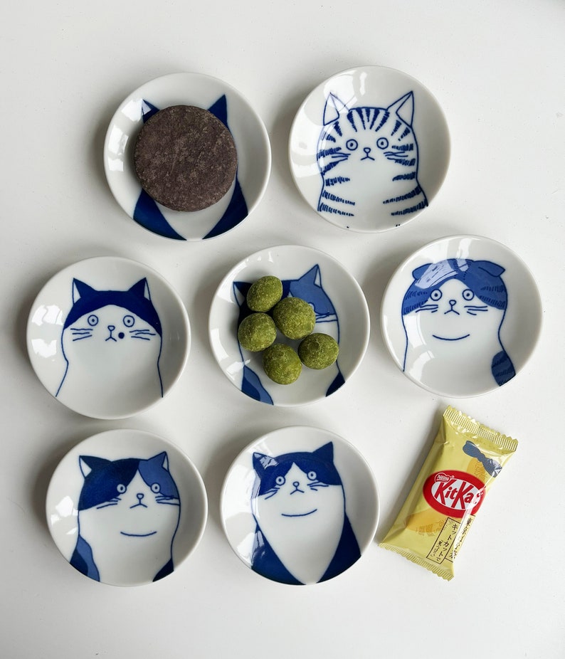 Japan-made Cats Small Plates Minoyaki Mamezara Bean Plates Kawaii Neko Design Sauce and Side Dish Plates Blue and White Colours zdjęcie 2