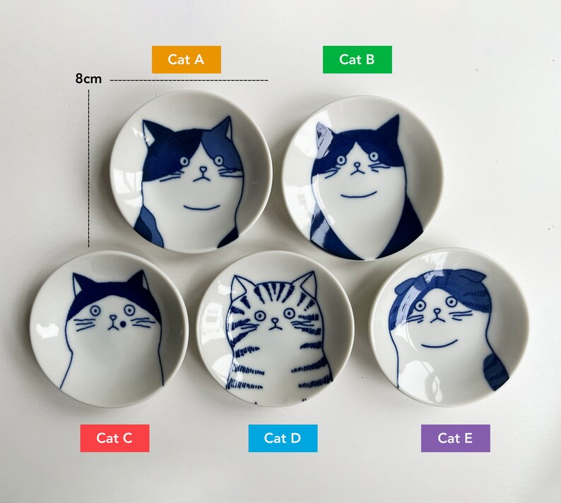 In Japan hergestellte Katzen Kleine Teller Minoyaki Mamezara Bohnen Teller Niedliches Neko Design Saucen und Beilagenteller Blau und Weiß Bild 4