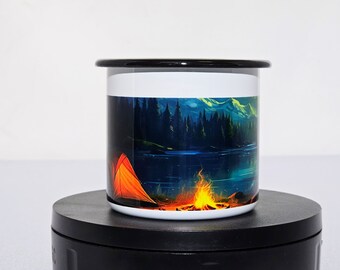 Tent and Campfire Landscape design-12oz 2 tone enamel camping style mug