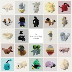 May include: A collection of 24 crochet amigurumi figures inspired by Stardew Valley, including animals, creatures, and objects. The grid displays various soft, yarn-based characters in diverse colors and shapes, with the text 24 Stardew Valley Patterns.