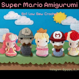 May include: A collection of six crocheted Super Mario Amigurumi figures. The characters include Mario, Princess Peach, Toad, and others, all crafted with vibrant colors and detailed features. The background features a blue sky with clouds and a yellow sun.