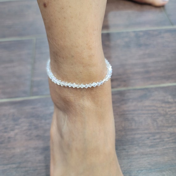 Clear White Diamond Shaped Glass Seed Bead Ankle Bracelet