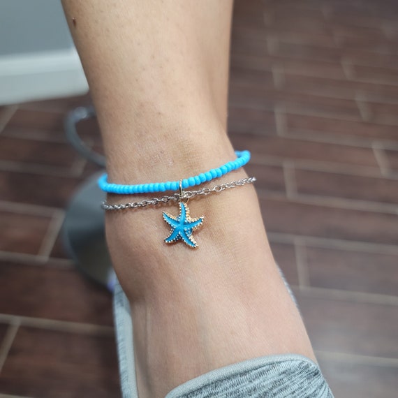 Ocean Blue Glass Seed Beads with silver chain Anklet and a matching blue and gold Starfish Charm