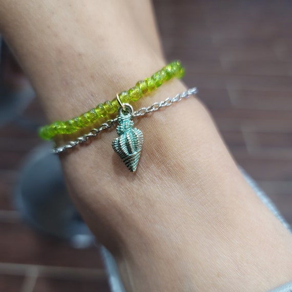Green Glass Seed Beads and silver colored chain Anklet with Green and gold Charm