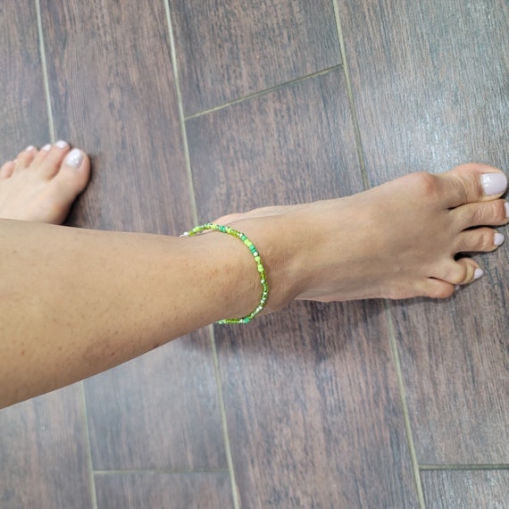 Multi Shade Green Glass Seed Bead Ankle Bracelet