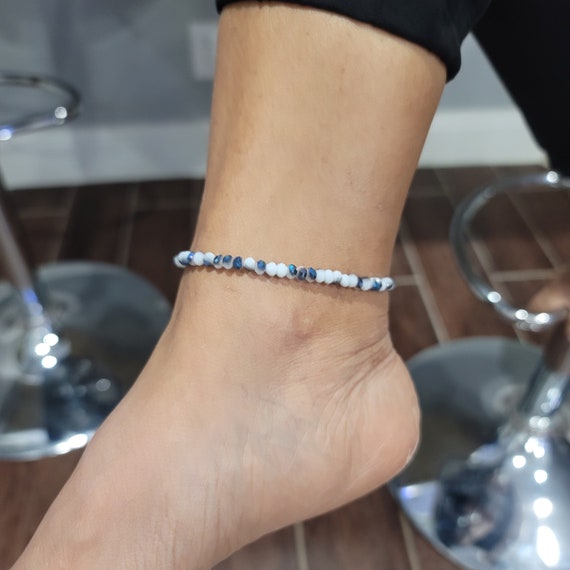 White and Blue Glass Seed Bead Ankle Bracelet