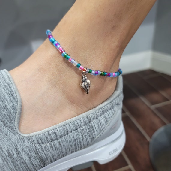 Rainbow Glass Seed Bead Anklet with Seashell Charm