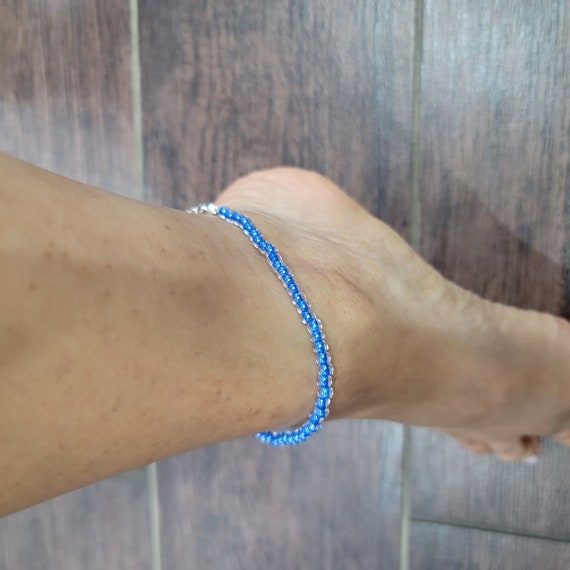 Clear Coat Beautiful Blue Glass Seed Bead Ankle Bracelet