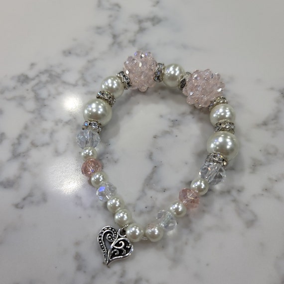 Pink Candy Ice Fashion Stretch Bracelet | Glass Pearl beads | rhinestone crystals | pink candy ice colored beads