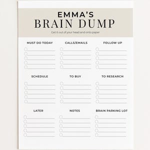 Może przedstawiać: Biały notatnik z czarnym napisem "EMMA'S BRAIN DUMP". Notatnik podzielony jest na sekcje: "Must Do Today", "Calls/Emails", "Follow Up", "Schedule", "To Buy", "To Research", "Later", "Notes" i "Brain Parking Lot".