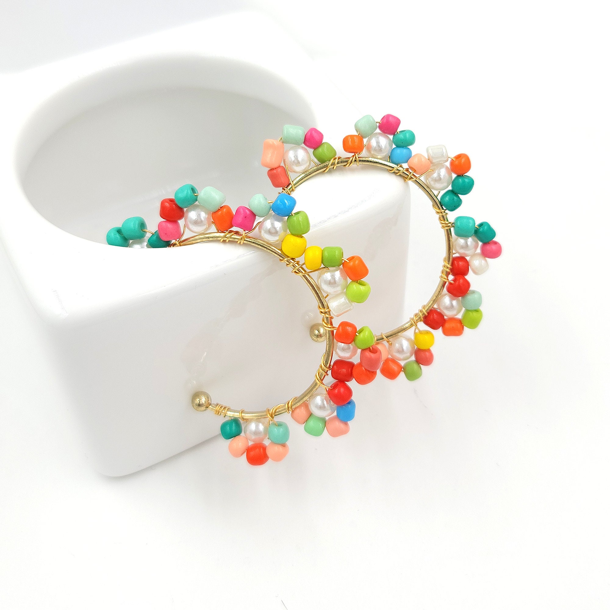 Daisy Hoop Earrings Beaded Flower Hoop Earrings Beaded Daisy Etsy