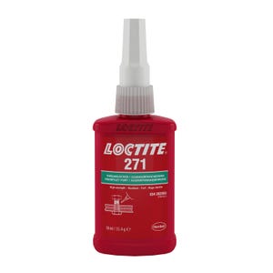 Puede incluir: Una botella roja de Loctite 271, un fijador de roscas, con una tapa blanca. La botella está etiquetada con el nombre del producto, "Threadlocker/Schraubensicherung", "Freinfilet Fort/Schroefdraadborging", y "High strength - Hochblast - Fort - Hoge sterkte". La botella también tiene el número IDH 282850 y el logotipo de Henkel.