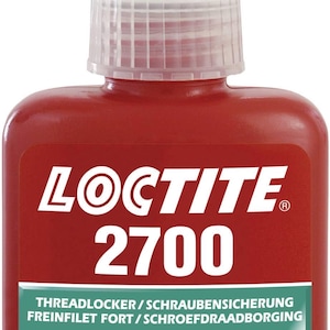 May include: A red bottle of Loctite 2700 threadlocker, a high-strength adhesive for securing screws and bolts. The bottle is labeled with the product name, strength, and safety information. It contains 50 ml of product.