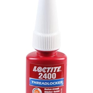 May include: A red bottle of Loctite 2400 Threadlocker, a medium strength threadlocking adhesive. The bottle is labeled with the product name, strength, and manufacturer Henkel. It contains 5 ml of adhesive.
