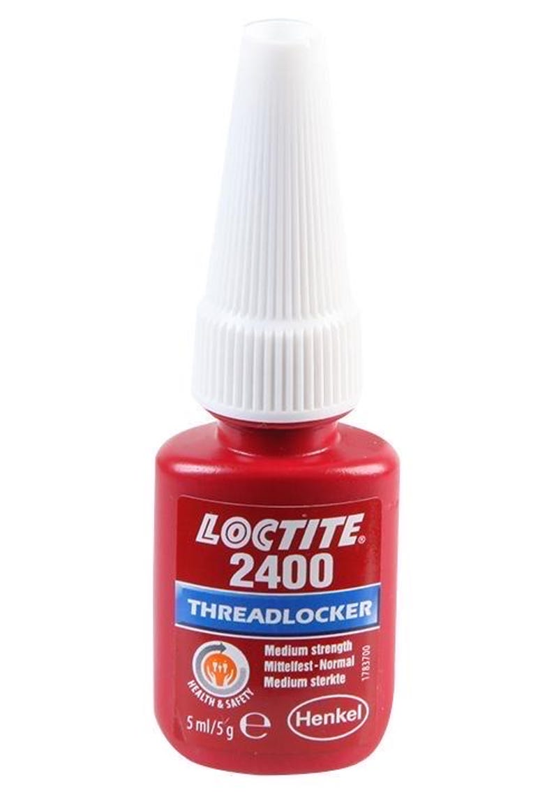 May include: A red bottle of Loctite 2400 Threadlocker, a medium strength threadlocking adhesive. The bottle is labeled with the product name, strength, and manufacturer Henkel. It contains 5 ml of adhesive.