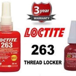 May include: Two bottles of Loctite 263 thread locker. The bottles are red and white with the Loctite logo and product name. The larger bottle is 58 ml and the smaller bottle is 10 ml. The bottles are on a white background.