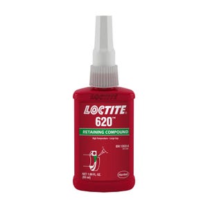 Puede incluir: Una botella roja de compuesto de retención Loctite 620. La botella está etiquetada con el nombre del producto, la marca y el tamaño. La botella tiene una punta aplicadora blanca.