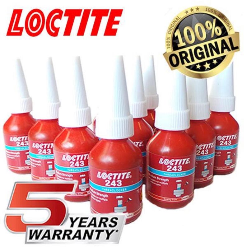 May include: Eight red bottles of Loctite 243 threadlocker, a medium strength threadlocker. The bottles are arranged in two rows of four. The bottles have white caps and a white label with the Loctite logo and product information. The bottles are on a white background. The image also includes a 100% Original stamp and a 5 Years Warranty stamp.