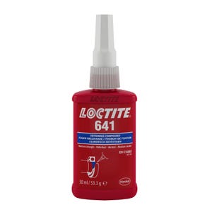Puede incluir: Botella roja de Loctite 641, compuesto de fijación, con boquilla blanca. Contiene 50 ml de adhesivo de resistencia media. La etiqueta muestra el logotipo de Loctite e información del producto.